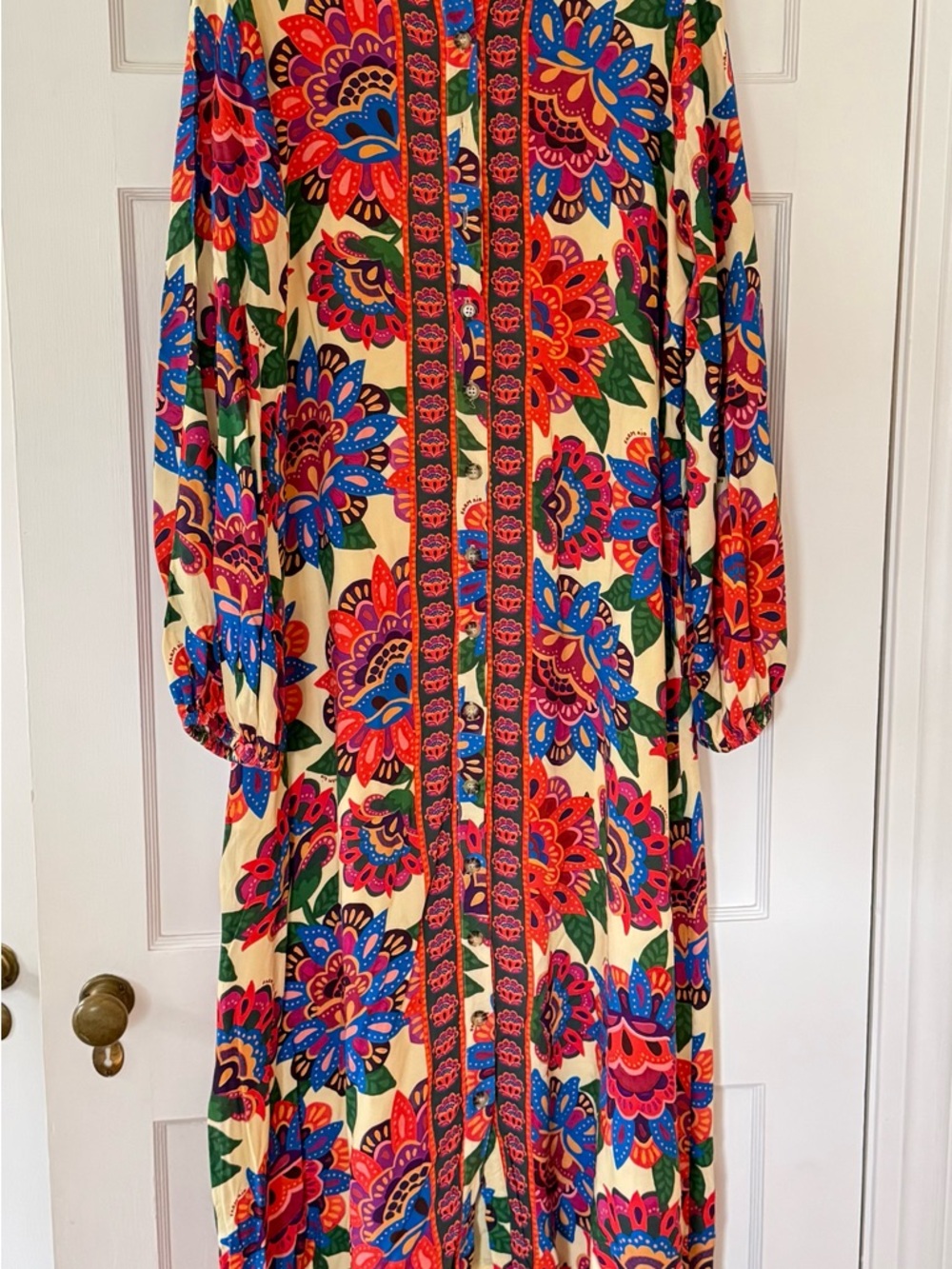 FARM Rio Cream Maxi Dress with Vibrant Red, Blue, Green and Pink Floral Print
